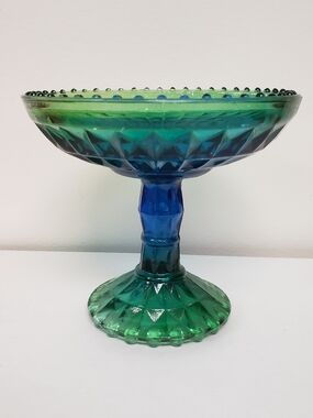 Green & Blue Glass Compote Pedestal Bowl